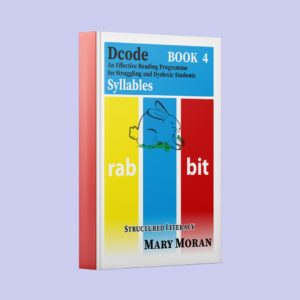 The front cover of Dcode Book 4, Syllables, for conquering the reading difficulties struggling readers meet with syllables